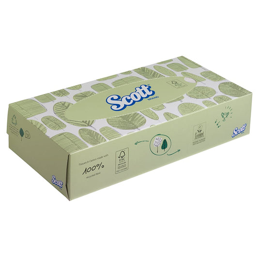 Die Scott® Kosmetiktücher Standard von Kimberly-Clark GmbH sind in 21 Spenderboxen (à 100 Blatt) erhältlich, haben ein grünes Blattdesign und bestehen zu 100 % aus recycelten Fasern - ideal für alle, die nachhaltige, umweltfreundliche Tücher suchen.