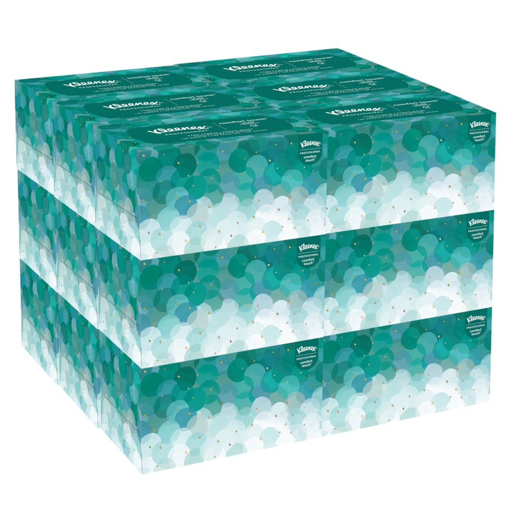 Ein großer Stapel Kleenex® Ultra™ Handtücher Interfold (Weiß, Mittel) der Kimberly-Clark GmbH ist in drei Reihen und Spalten angeordnet und mit einem teal-weißen Muster und dem Kleenex-Logo für eine hygienische Interfold-Ausgabe versehen.