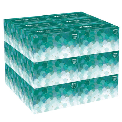 Tři řady čtyř Kleenex® Ultra™ ručníků (Interfold, bílá, střední, 70 kusů/balení) od Kimberly-Clark GmbH jsou naskládány; každá krabice ukazuje zeleno-bílý kruhový motiv, logo Kleenex vlevo, pro hygienické ruce.