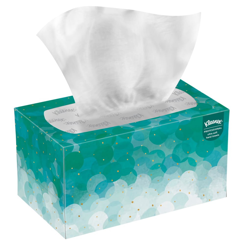 Balení se 70 bílými Kleenex® Ultra™ ručníky Interfold od Kimberly-Clark GmbH, ideální pro hygienické ruce v jakémkoli prostředí - kompaktní, praktické a snadno se vytahuje z horního otvoru.