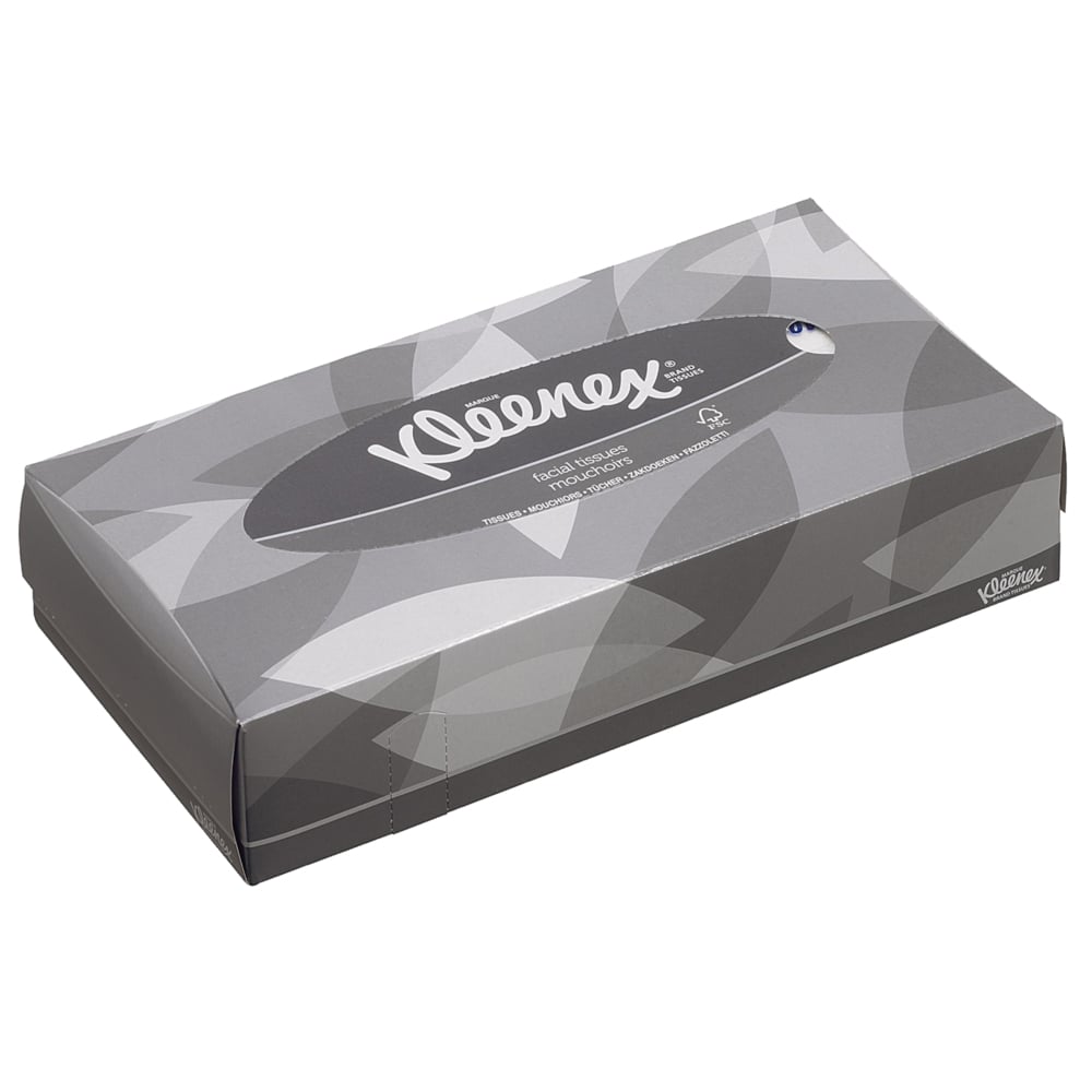 Eine rechteckige Schachtel Kleenex® Kosmetiktücher - Standard / Weiß von Kimberly-Clark GmbH mit grauem, geometrischem Design und ovaler Öffnung - perfekt für Gesichtsreinigung oder Make-up-Entfernung.