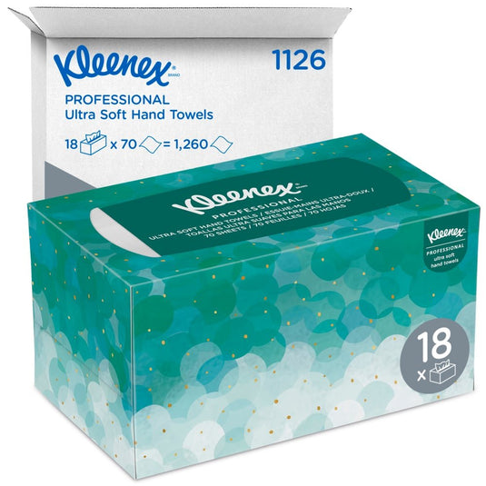 Na obrázku je krabička ubrousků Kleenex® Ultra™ Interfold (bílé, střední, 70 kusů) od společnosti Kimberly-Clark GmbH před bílou přepravní krabicí s nápisy „1126“ a „18 x 70 = 1 260“, v níž se nachází 18 hygienických balení.