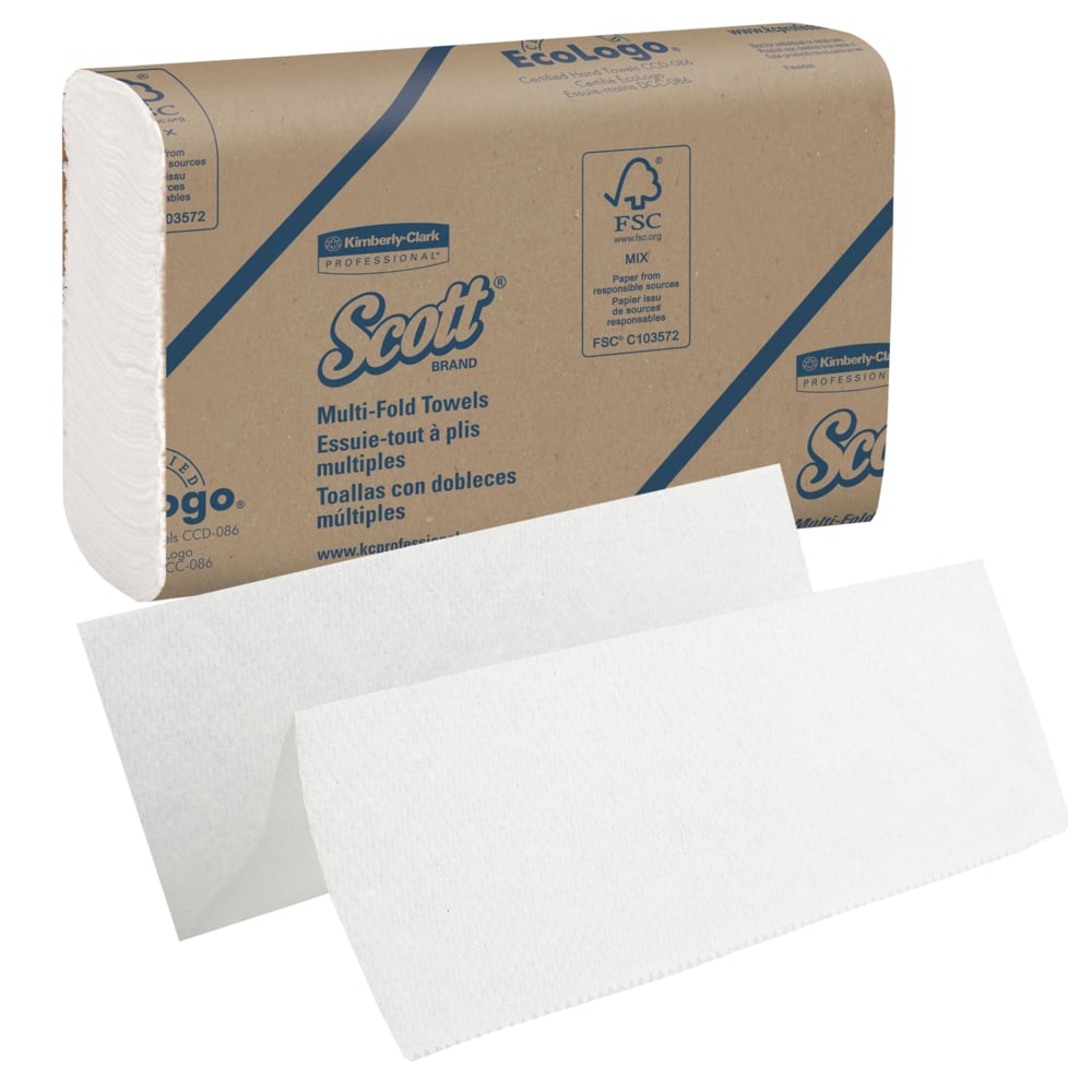 Eine Schachtel Scott® Handtücher - MultiFold, Weiß, Mittel, 16 Clips x 250 Blatt von Kimberly-Clark GmbH; abgebildet mit zwei ungefalteten weißen Handtüchern - ideal für hygienische Handtrocknung.