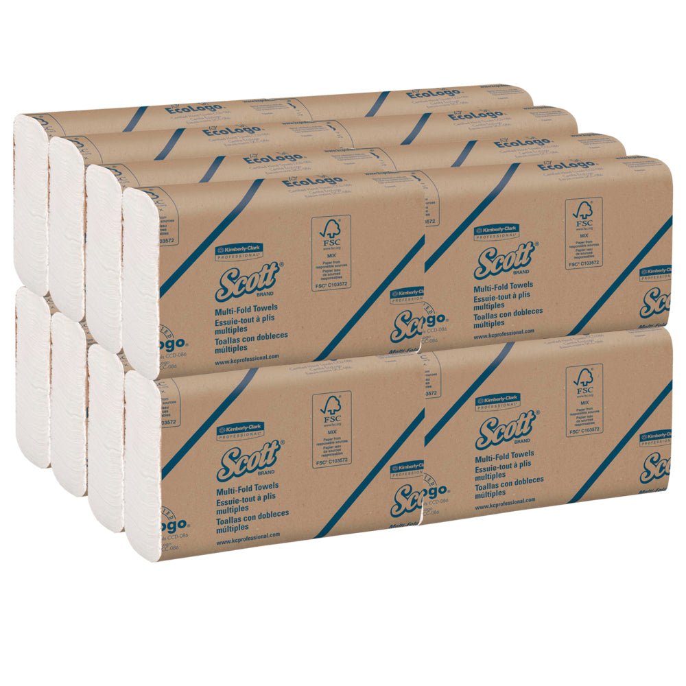 Šestnáct bílých, vícekrát složených balení ručníků Scott® od společnosti Kimberly-Clark GmbH je úhledně naskládáno; každé balení obsahuje 250 listů a je opatřeno jasným označením - ideální pro hygienické sušení rukou.