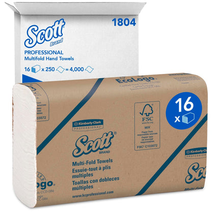Bílá přepravní krabice s nápisem "Scott® Ručníky - MultiFold / Bílá" od společnosti Kimberly-Clark GmbH obsahuje 16 balení po 250 listech (celkem 4 000 ručníků) a nabízí hygienické sušení rukou v praktickém multipacku.