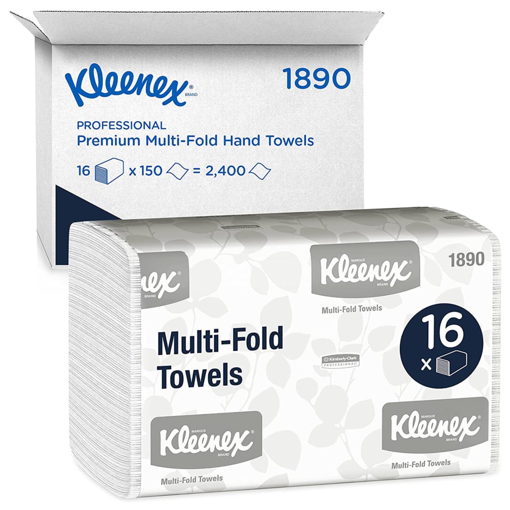 Kleenex® Handtücher - MultiFold / Weiß / Mittel von Kimberly-Clark GmbH: 16 Packungen x 150 Blatt (2.400 Tücher) im Karton, ideal für Waschräume. Weiße Verpackung mit blau-grauer Aufschrift.