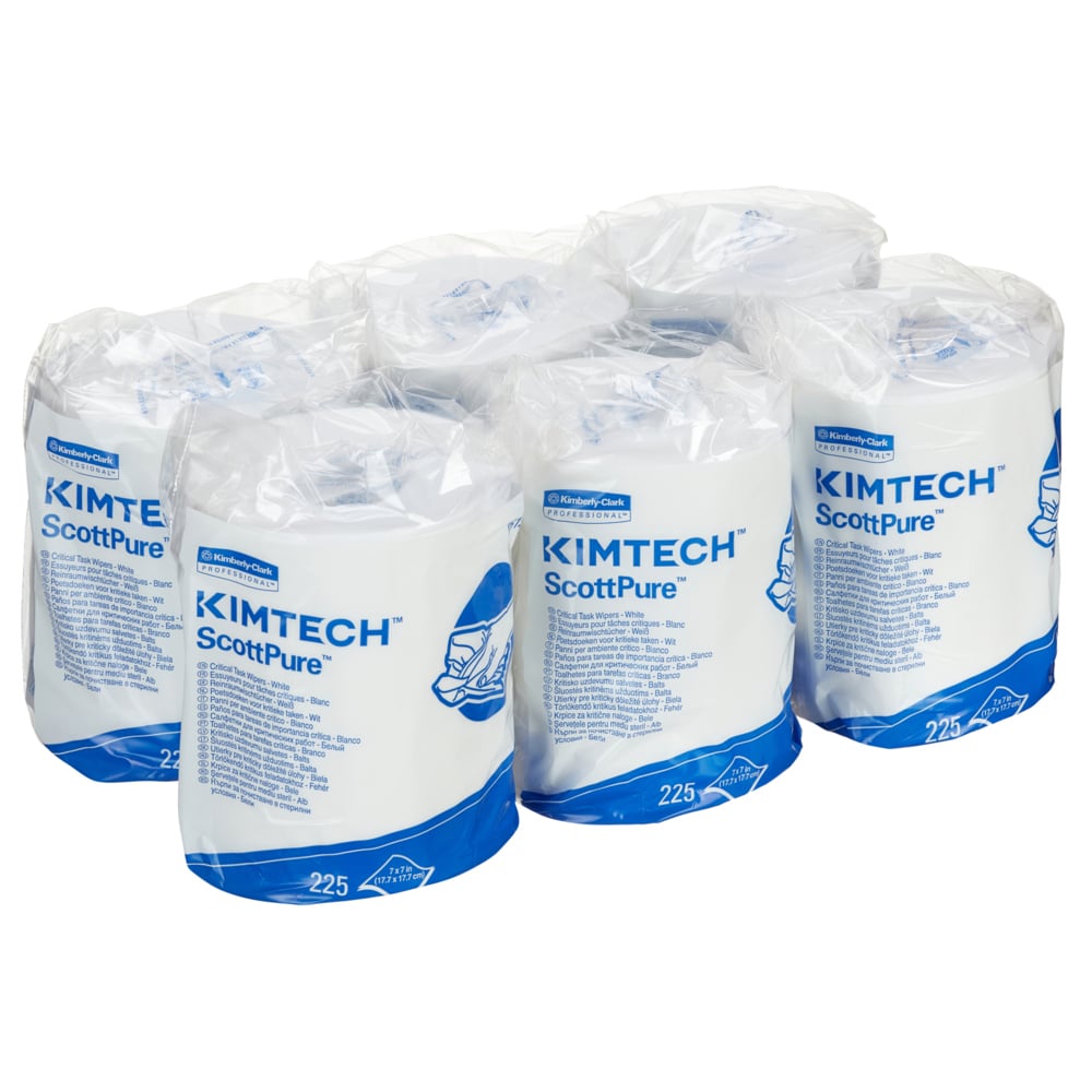 Die sechs Rollen Kimtech® Wischtücher - Zentralentnahme der Kimberly-Clark GmbH mit je 225 weißen Blättern sind in einer durchsichtigen Kunststoffverpackung verpackt und mit blau-weißen Etiketten versehen, die ein Handwischbild für eine effektive Zentralentnahme zeigen.