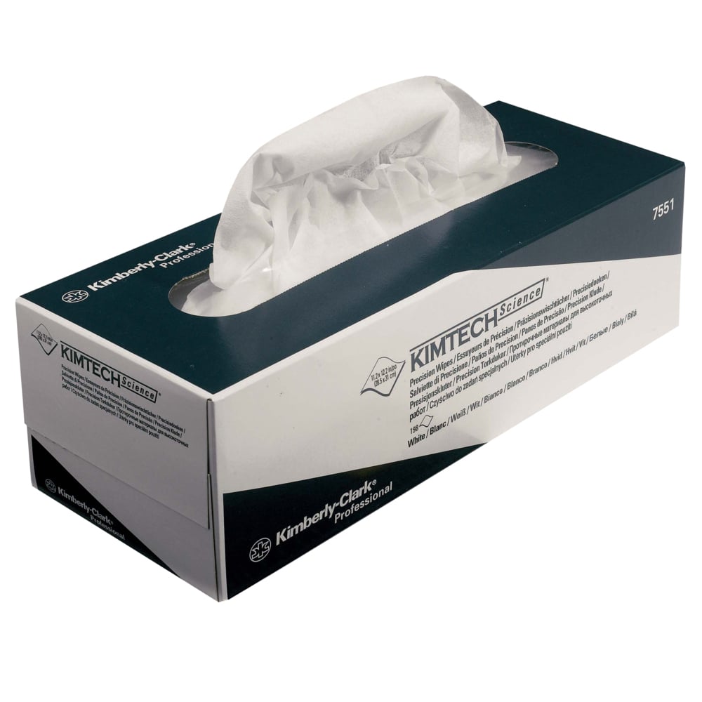 Eine rechteckige Schachtel Kimtech® Science Präzisionstücher - Zupfbox/Weiß/Groß (15 Kartons x 196 Blatt) von Kimberly-Clark GmbH, mit einem vorstehenden weißen Tissue, ideal zur Reinigung empfindlicher Oberflächen.