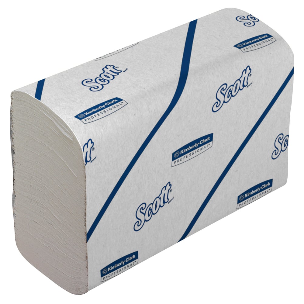 Ein Stapel Scott® Handtücher - Narrow-Fold / Weiß von Kimberly-Clark GmbH, gefaltet in rechteckiger Form und verpackt in einer Markenverpackung mit blauen diagonalen Linien, ideal für hygienische Händetrocknung.