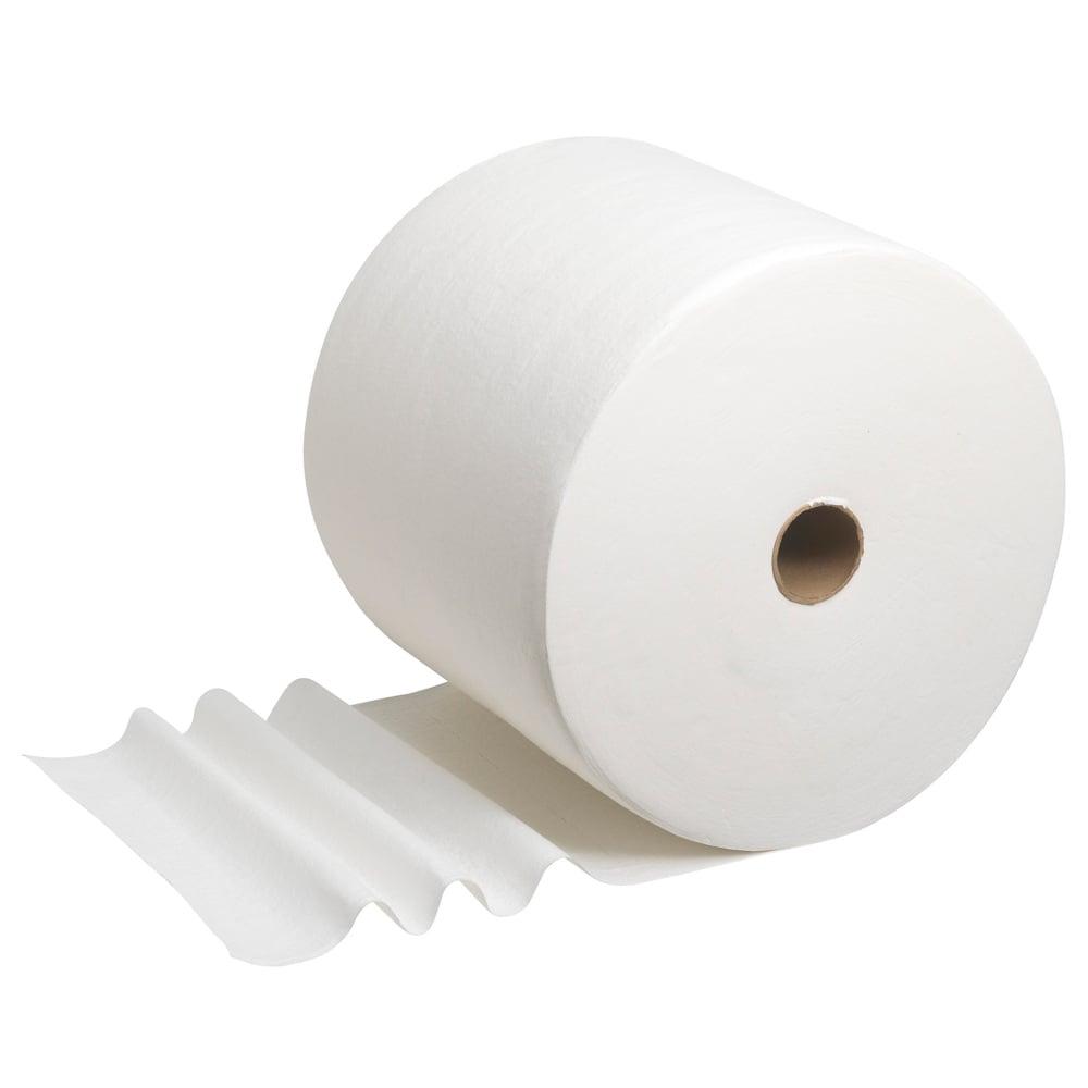 Role WypAll® L40 PowerClean (Kimberly-Clark GmbH) s několika nerozvinutými, savými utěrkami leží na bílém pozadí. 1 role obsahuje 750 utěrek na karton.
