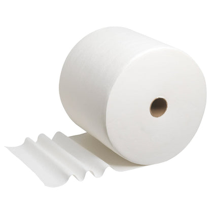 Role WypAll® L40 PowerClean (Kimberly-Clark GmbH) s několika nerozvinutými, savými utěrkami leží na bílém pozadí. 1 role obsahuje 750 utěrek na karton.