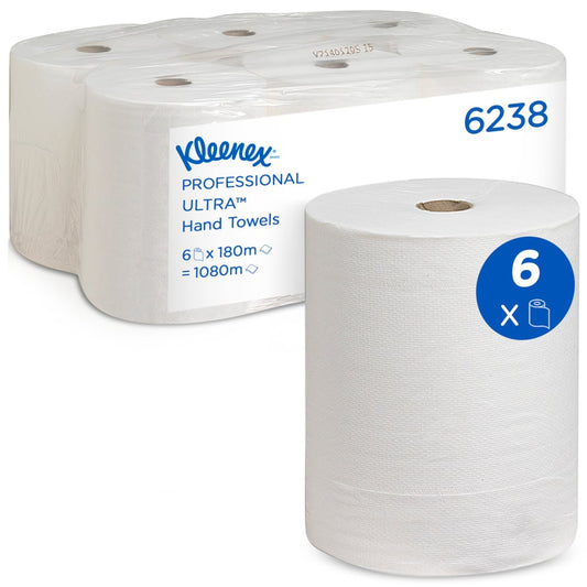 Abgebildet ist eine Sechserpackung Kleenex® Ultra™ Handtücher Rollen von Kimberly-Clark GmbH, mit einer Rolle vorne. Auf dem Etikett steht: 6 Rollen pro Karton, jede 180 m lang - perfekt zum hygienischen Händetrocknen - und insgesamt 1080 m lang.