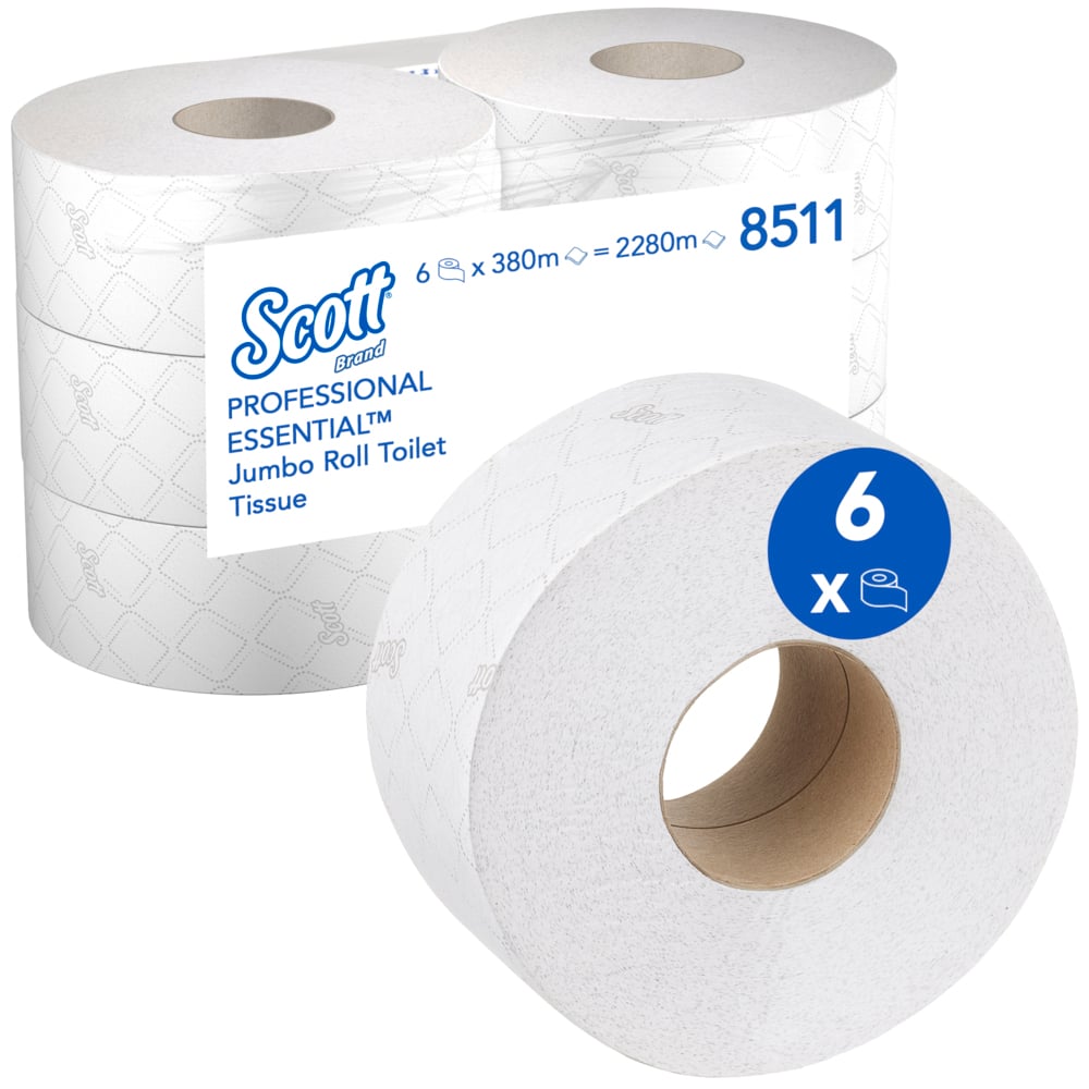 Scott® Essential™ Toilettenpapier Maxi Jumbo von Kimberly-Clark GmbH: 6 weiße Rollen (380 Blatt/Rolle) in einem Karton, jede mit einem Steppmuster. Auf der Verpackung sind alle Produktdetails und "6 Rollen" zur einfachen Identifizierung angegeben.