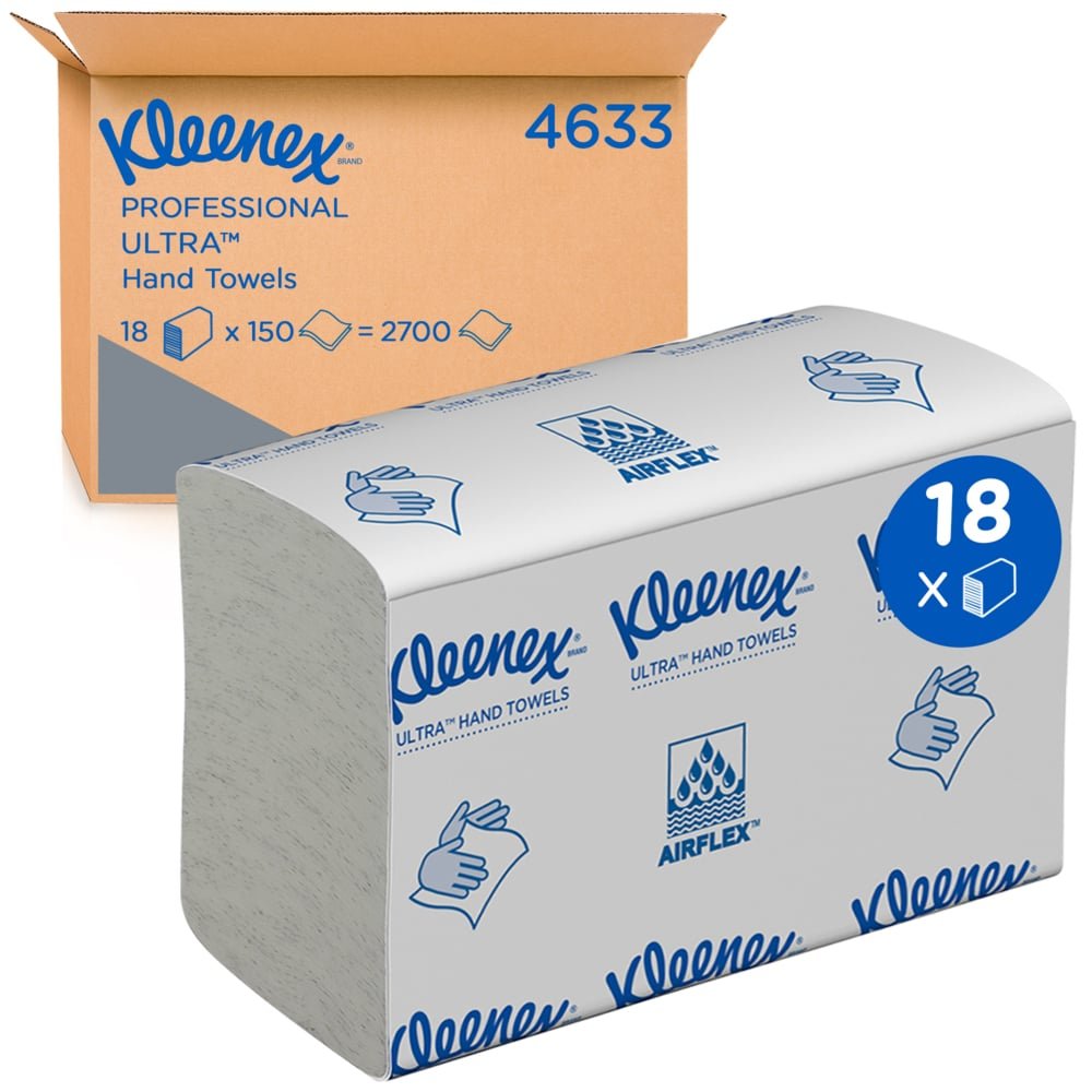 Zobrazen je velký balík Kleenex® Ultra™ ručníků MultiFold v bílé barvě, malý, 18 klipů x 150 listů od Kimberly-Clark GmbH: zabalený balíček před kartonem s informacemi o produktu a specifikacemi papírových ručníků MultiFold.