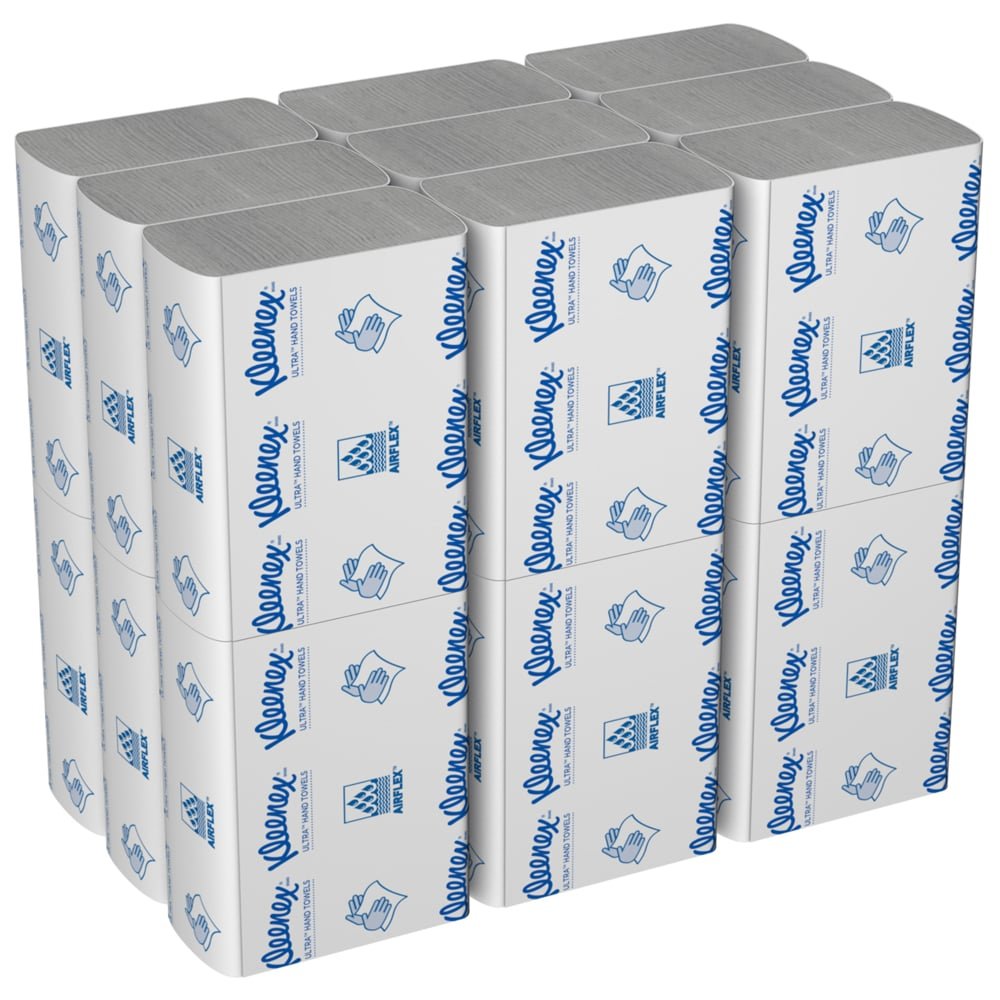 Karton Kleenex® Ultra™ ručníků od Kimberly-Clark GmbH obsahuje 18 bílých MultiFold balíčků po 150 listech s modrými texty a symboly na obalu.