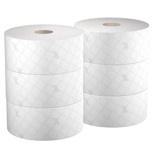 Sechs weiße Scott® Control™ Zentralentnahme Toilettenpapierrollen (314 m, je 1280 Blatt) der Kimberly-Clark GmbH sind in zwei Dreierkolonnen gestapelt und zeigen ein dezentes Rautenmuster auf einfarbig weißem Hintergrund.
