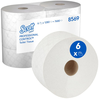 Balení toaletního papíru Scott® Control™ od společnosti Kimberly-Clark GmbH obsahuje 6 bílých rolí (každá 314 m, 1280 útržků/role) s centrálním odběrem a etiketou s informacemi o produktu a modře zvýrazněným "6 x".