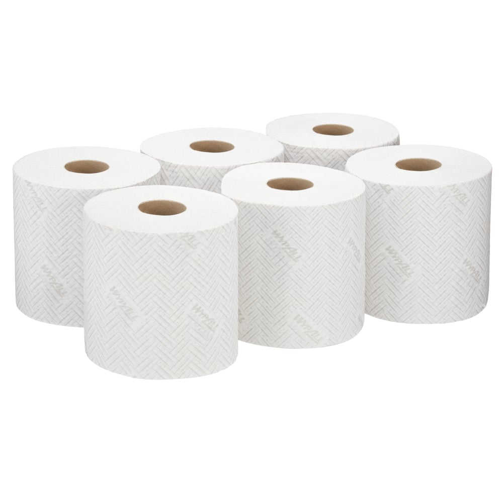 Šest rolí papírových utěrek WypAll® L10 od Kimberly-Clark GmbH (38,00 cm x 18,30 cm) je uspořádáno ve dvou trojřadách, ideální pro úklid ve službách a maloobchodě nebo jako papírová utěrka v systémech s centrálním podáváním.