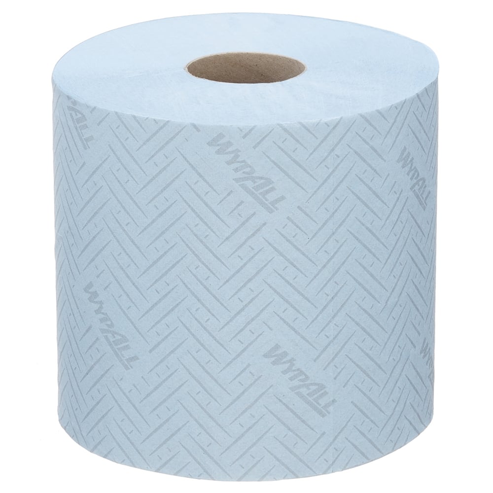 Balíček se 6 modrými centrifugálními rolemi papírových utěrek WypAll® L10 (každá 630 listů) od Kimberly-Clark GmbH, s chevronovým vzorem a hnědým papírovým jádrem - ideální pro potravinářský a hygienický sektor.