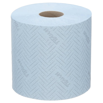 Balíček se 6 modrými centrifugálními rolemi papírových utěrek WypAll® L10 (každá 630 listů) od Kimberly-Clark GmbH, s chevronovým vzorem a hnědým papírovým jádrem - ideální pro potravinářský a hygienický sektor.