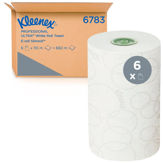 Ein Karton mit der Aufschrift "Kleenex® Ultra™ Rollenhandtücher - E-roll Slimroll™" von Kimberly-Clark GmbH, mit einer großen 2-lagigen Rolle auf der Vorderseite. Der Karton enthält 6 weiße Rollen (je 110 m), insgesamt 660 m pro Karton (6 Rollen).