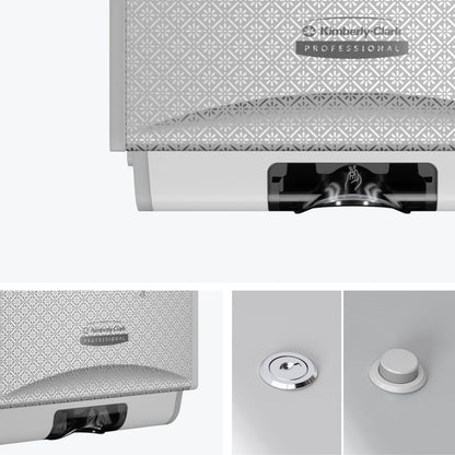 Detailní záběry elektronického dávkovače péče o pokožku Kimberly-Clark Professional™ Icon™, bezdotykové dávkování, ukazují design Silver Mosaic, senzorovou oblast, zámek a chuť - hygienické řešení od Kimberly-Clark GmbH pro moderní prostory.