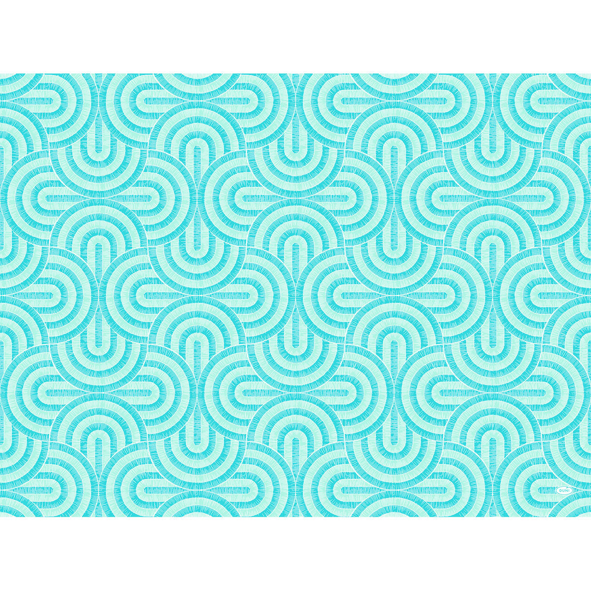 Symmetrisches geometrisches Muster mit sich überlappenden türkisfarbenen und hellblauen Halbkreisen auf Weiß, die ein modernes, sich wiederholendes Muster bilden - perfekt für Dunicel-Sets 30x40 von Duni GmbH.