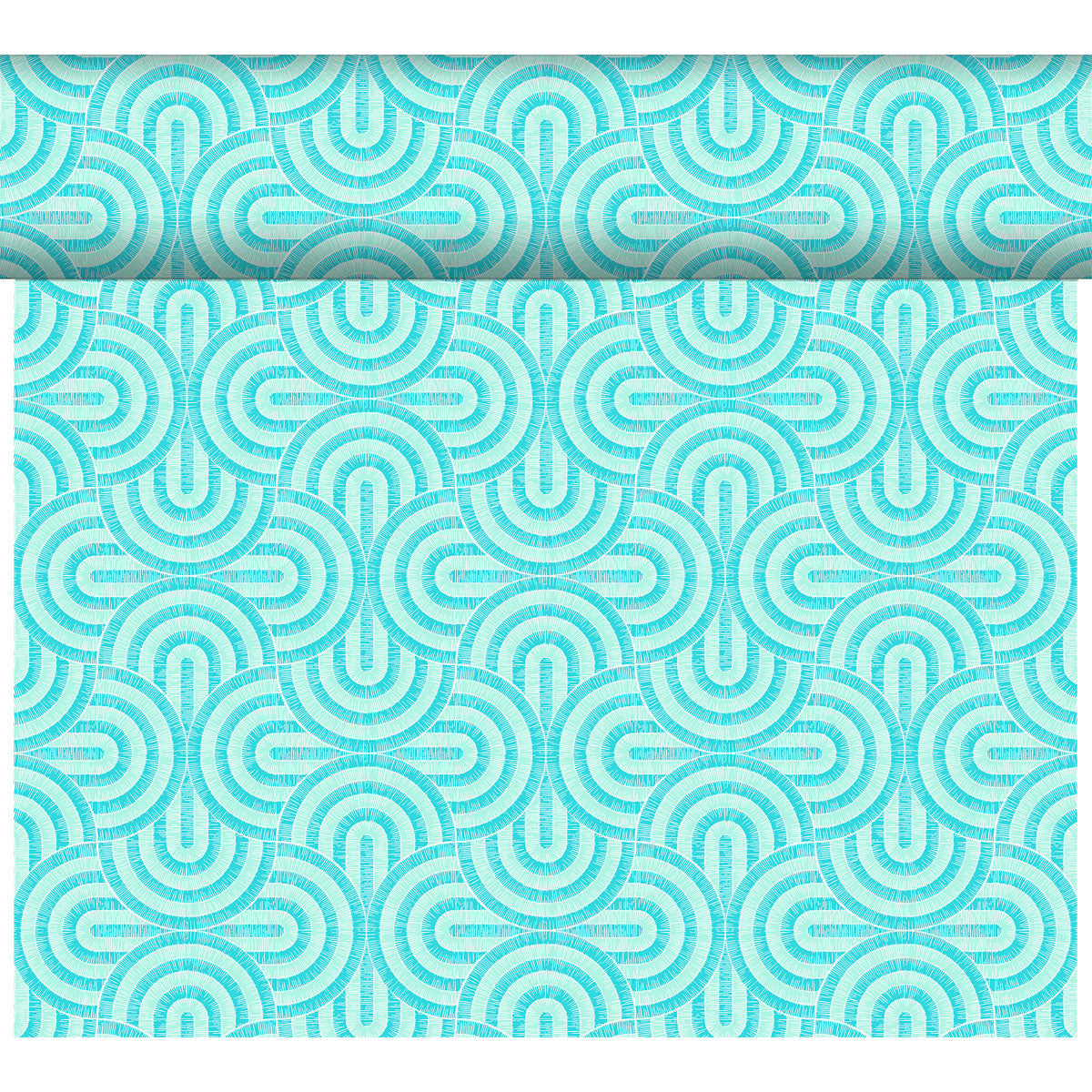 Eine teilweise abgerollte Rolle der DC-Tete a Tete 0,4x24m Tapete der Duni GmbH zeigt ein geometrisches Retro-Muster aus konzentrischen Bögen und Kreisen in Teal und Weiß vor einem weißen Hintergrund. Sie ist wetterbeständig für zusätzliche Haltbarkeit.