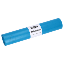 Eine Rolle DEISS 20243 Müllsäcke (700x1100 mm, Typ 70, blau, 25 Stück) der EMIL DEISS KG (GmbH + Co.) mit weißem Mittelschild, auf dem "DEISS" und "Abfallsäcke" stehen, auf weißem Hintergrund.