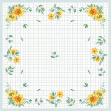 Das Dunicel-Mitteld.84x84 Sunflower day 20P. von Duni GmbH hat einen gitterförmigen Hintergrund mit gelben Sonnenblumen und grünen Blättern am Rand, die Ihrem Tisch einen festlichen Touch verleihen. Die Packung enthält 20 dekorative Tücher.