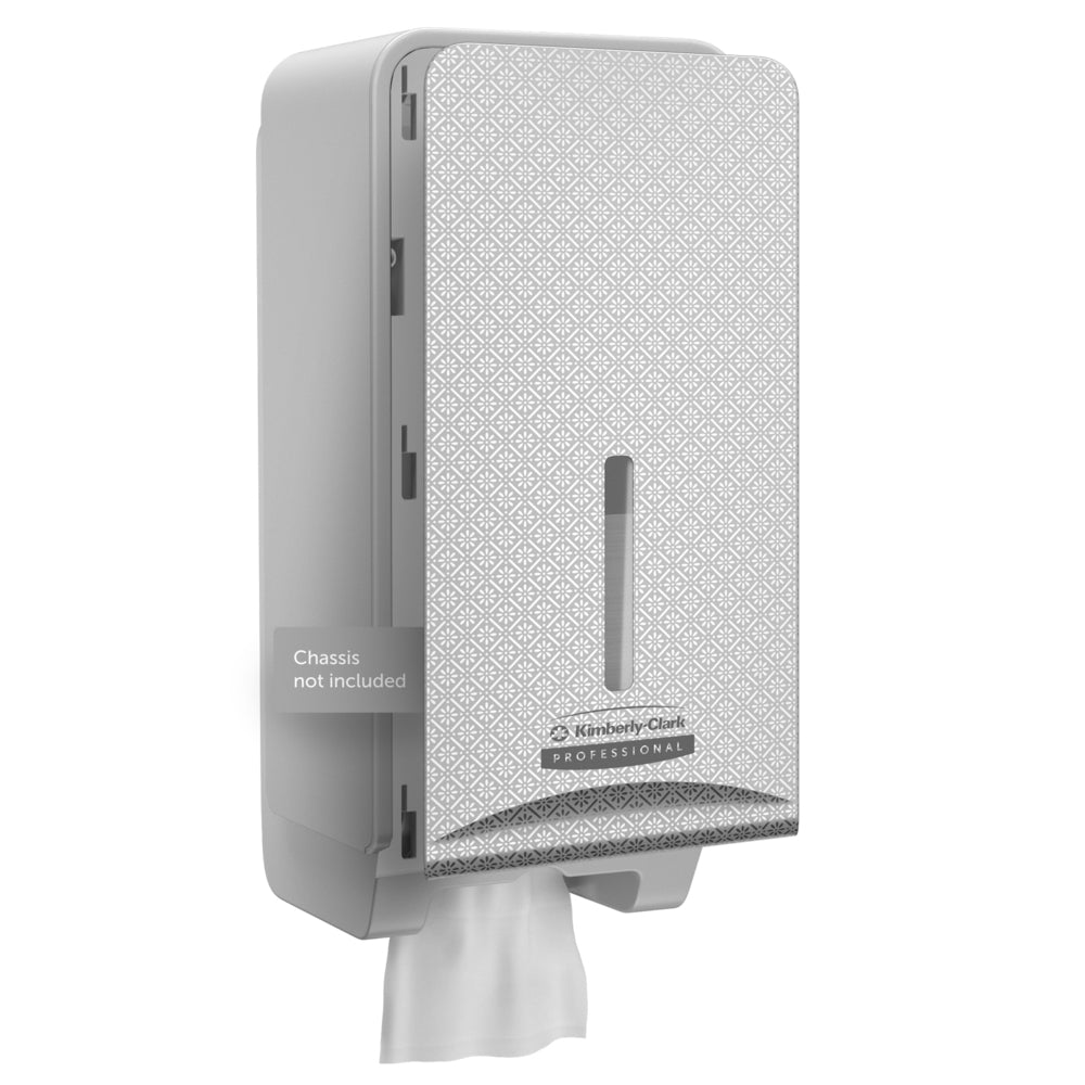 Die Kimberly-Clark Professional™ Icon™ Dispenser Faceplate - FTT von Kimberly-Clark GmbH (27,80 cm x 13,10 cm x 1,40 cm) verfügt über eine gemusterte Vorderseite, einen Schlitz für den Papierstand, einen Handtuchspender und die Aufschrift "Chassis not included". Ideal für hochwertige Waschraumeinrichtungen.