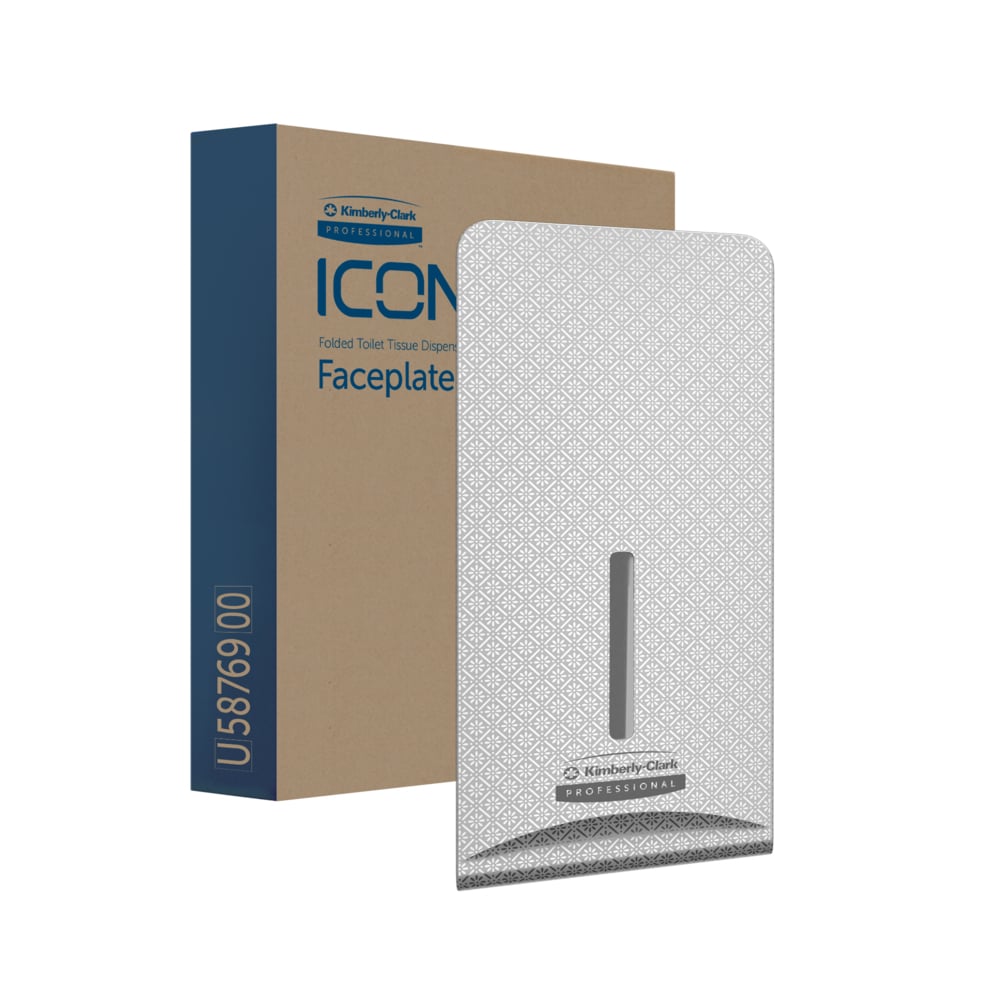 Eine gemusterte graue Kimberly-Clark Professional™ Icon™ Dispenser Faceplate - FTT (27,80 x 13,10 x 1,40 cm) der Kimberly-Clark GmbH steht vor ihrer Verpackung mit der Aufschrift "ICON Folded Toilet Tissue Dispenser Faceplate" und passt perfekt zu jeder Waschraumeinrichtung.