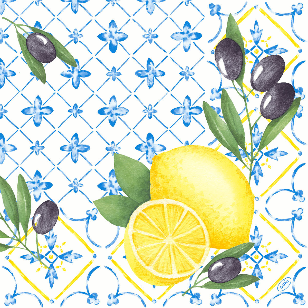 Aquarell-Illustration von Zitronen, Oliven und blau-weißen floralen geometrischen Fliesen auf Duni GmbH Klassikservietten 40 x 40 cm, 4-lagig, geprägt, 1/4 Falz.