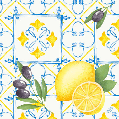 Bezešvý akvarelový vzor s citrony, plátky, olivami a listy na modro-žlutých geometrických dlaždicích - ideální pro Dunisoft ubrousky 40 x 40 cm 1/4 skládání od Duni GmbH.