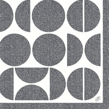 Výrazný geometrický vzor z černých kruhů a půlkruhů s křížovým šrafováním zdobí Dunisoft ubrousky 40 x 40 cm 1/4 skládání od Duni GmbH, černě orámovaný pro moderní vzhled.