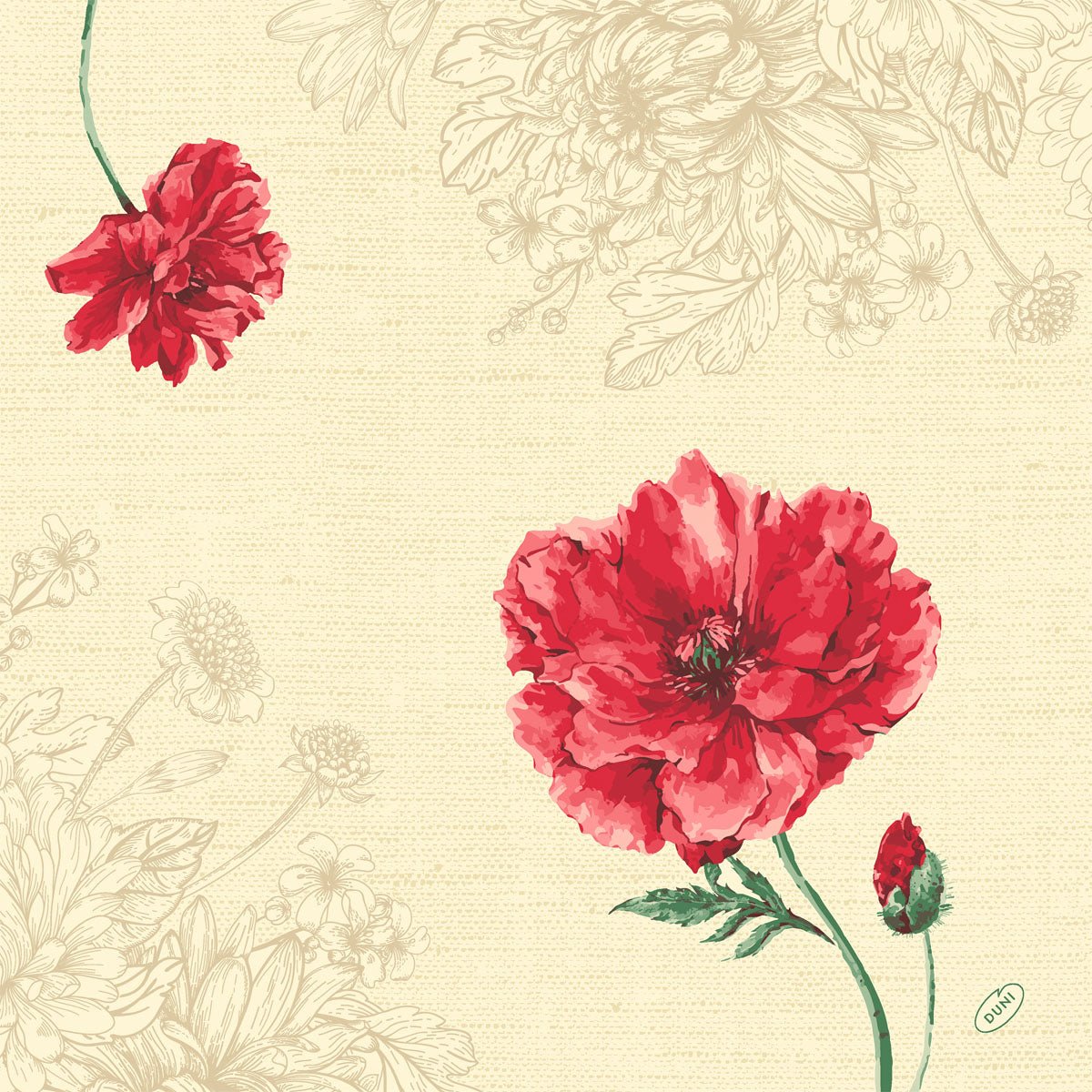 Dunisoft ubrousky 40 x 40 cm 1/4 skládání od Duni GmbH ukazují béžové pozadí s načrtnutými květinami, dvěma zářivě červenými květy a jedním poupětem na zeleném stonku - perfektní pro dodání elegance každému prostřenému stolu.