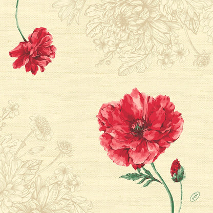 Dunisoft ubrousky 40 x 40 cm 1/4 skládání od Duni GmbH ukazují béžové pozadí s načrtnutými květinami, dvěma zářivě červenými květy a jedním poupětem na zeleném stonku - perfektní pro dodání elegance každému prostřenému stolu.