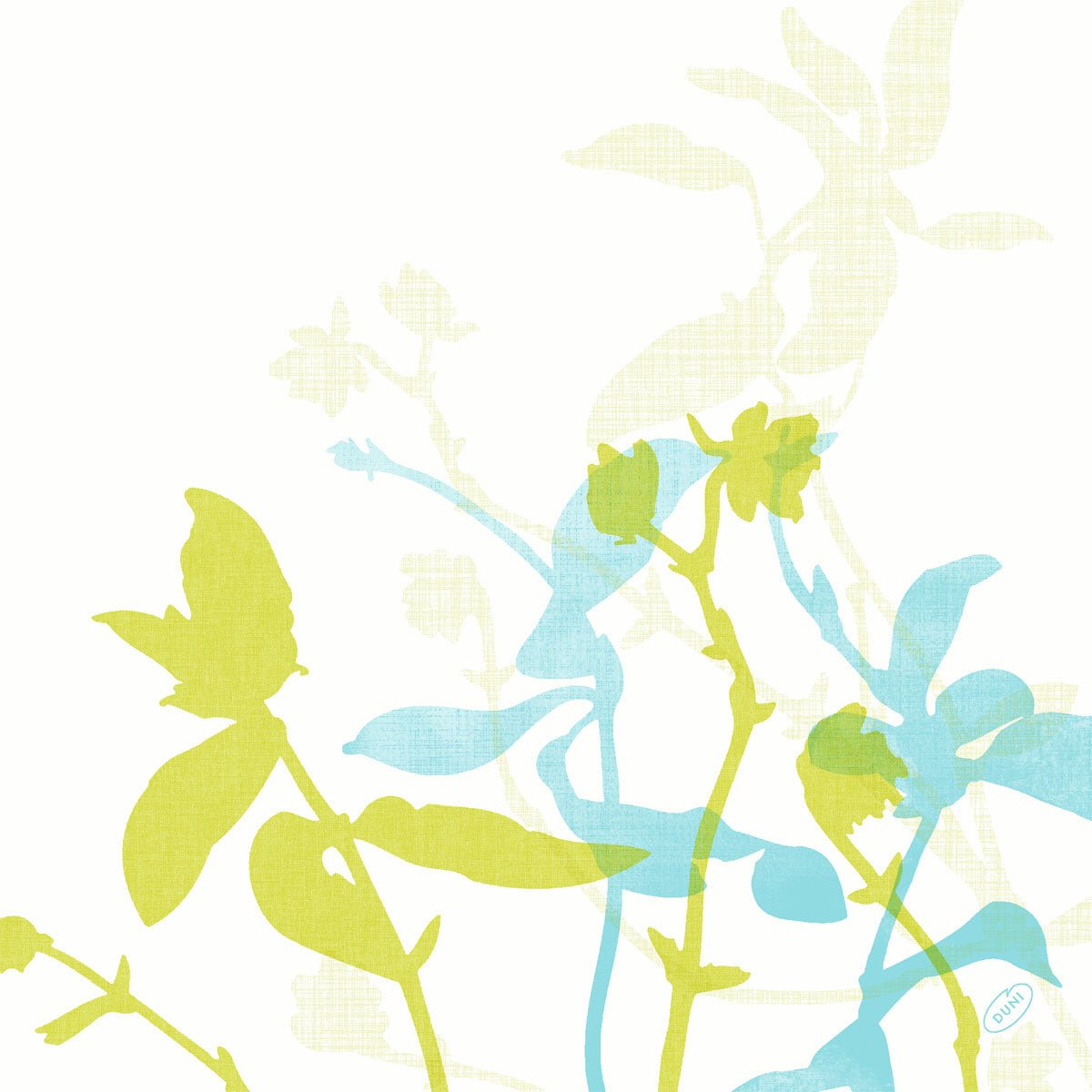 Stylizované rostlinné stonky a listy v zelené, modré a světle žluté se překrývají na bílém pozadí. Malý modrý razítkový detail označuje spodní pravý okraj - ideální pro Dunisoft ubrousky 40 x 40 cm 1/4 skládání od Duni GmbH.