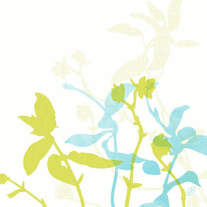 Stylizované rostlinné stonky a listy v zelené, modré a světle žluté se překrývají na bílém pozadí. Malý modrý razítkový detail označuje spodní pravý okraj - ideální pro Dunisoft ubrousky 40 x 40 cm 1/4 skládání od Duni GmbH.