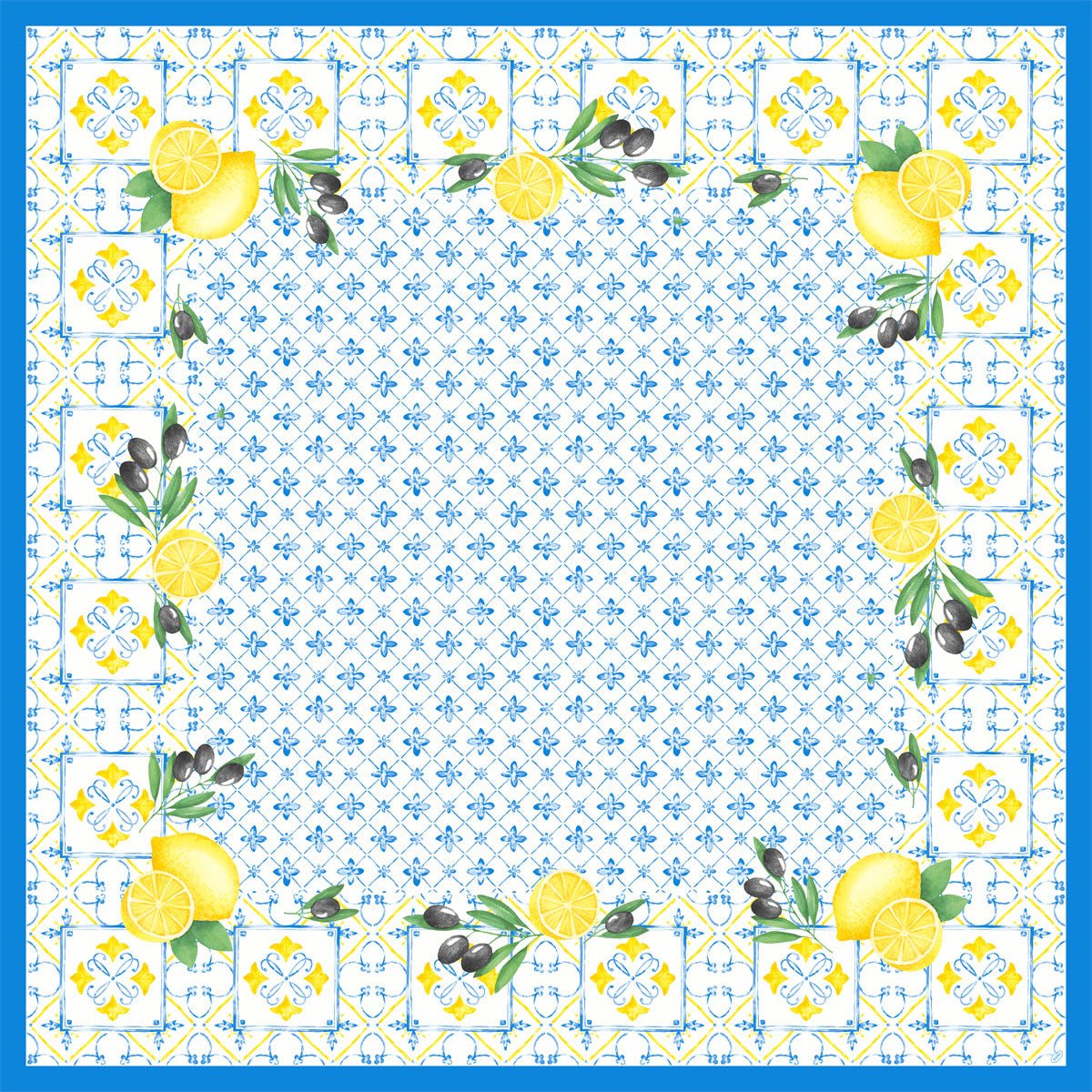Středový ubrus Dunicel 84x84 cm Mediterran od Duni GmbH má čtvercový design inspirovaný dlaždicemi s modrým okrajem, citrony, olivami a zelenými listy v každém rohu a modrým květinovým motivem uprostřed. Perfektní pro stylovou stolní dekoraci. Balení (20 kusů).