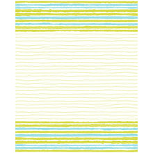Die Duni GmbH Handtuchserviette 38 x 54 cm Elise Stripes zeigt blaue, grüne und gelbe Aquarellstreifen mit dünnen gelben Wellen auf Weiß - ideal für die Tischdekoration. Erhältlich flach verpackt in einer Packung von 50 Stück.