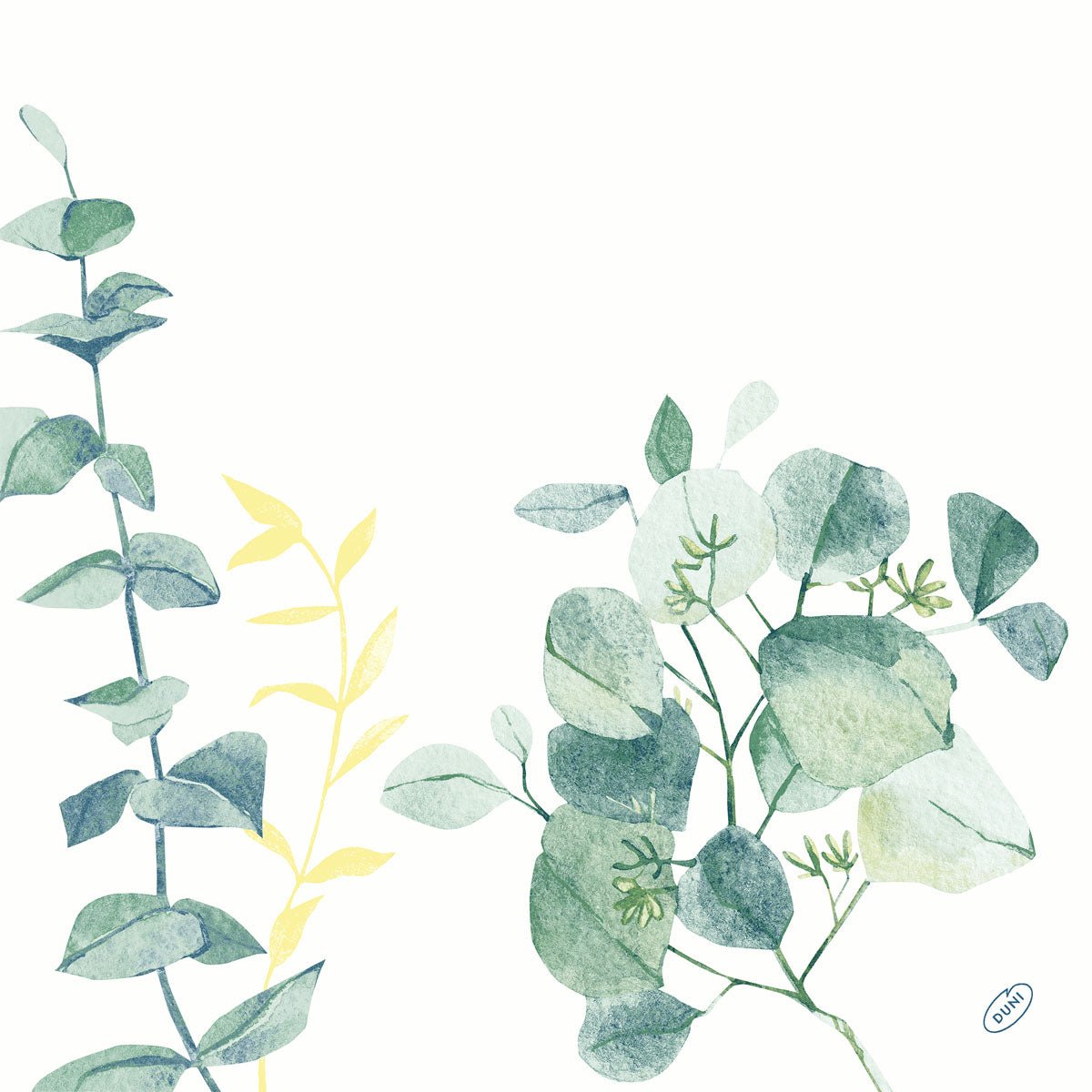 Botanická akvarelová ilustrace se zelenými a žlutými větvemi listů na bílém pozadí, ideální pro Dunisoft ubrousky 40 x 40 cm 1/4 skládání od Duni GmbH.