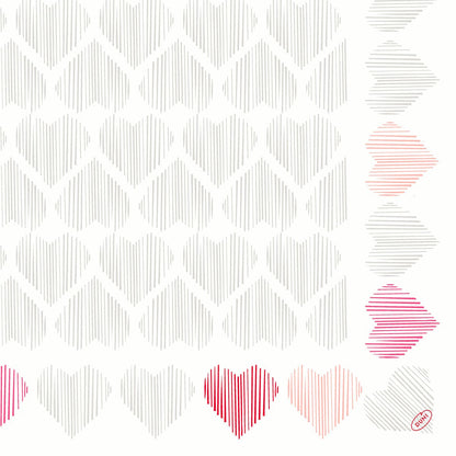 Vzor z obrysových srdcí v šedé vyplňuje obraz, s červenými a růžovými srdci na pravém a dolním okraji. Ideální pro Dunisoft ubrousky 40 x 40 cm 1/4 skládání od Duni GmbH. Malé červené razítko "GIANT." se nachází vpravo dole.