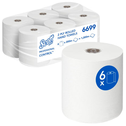 Šest rolí ručníků Scott® Control™ - role / bílá od Kimberly-Clark GmbH, jednotlivě balené; balení obsahuje 6 rolí s celkovou délkou 1.200 metrů pro hygienické sušení rukou. Jedna role je zobrazena na přední straně.