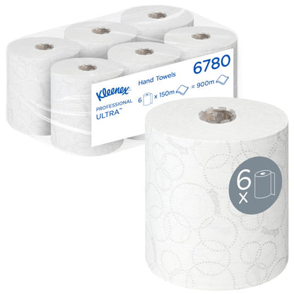 Kimberly-Clark GmbH Kleenex® ULTRA™ ručníky - 6 rolí po 150 m, hygienicky jednotlivě balené - celkem 900 m bílých papírových ručníků v kartonu.