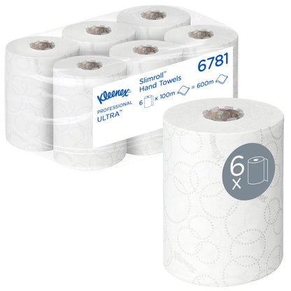 Karton s 6 rolemi Kleenex® Ultra™ Slimroll™ ručníků od Kimberly-Clark GmbH, každá bílá role 100m, ideální pro úzké dávkovací systémy. Jedna role je samostatně zobrazena na etiketě s "6x" a symbolem role.