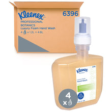 Eine Schachtel der Kimberly-Clark GmbH mit der Aufschrift "Kleenex® Botanics™ Luxury Foam Hand Wash - 1.2L Cassette / 4 Electronic Cassettes" steht mit einer 1.2L Nachfüllpackung davor, beide mit dem Kleenex®-Logo und Produktangaben.