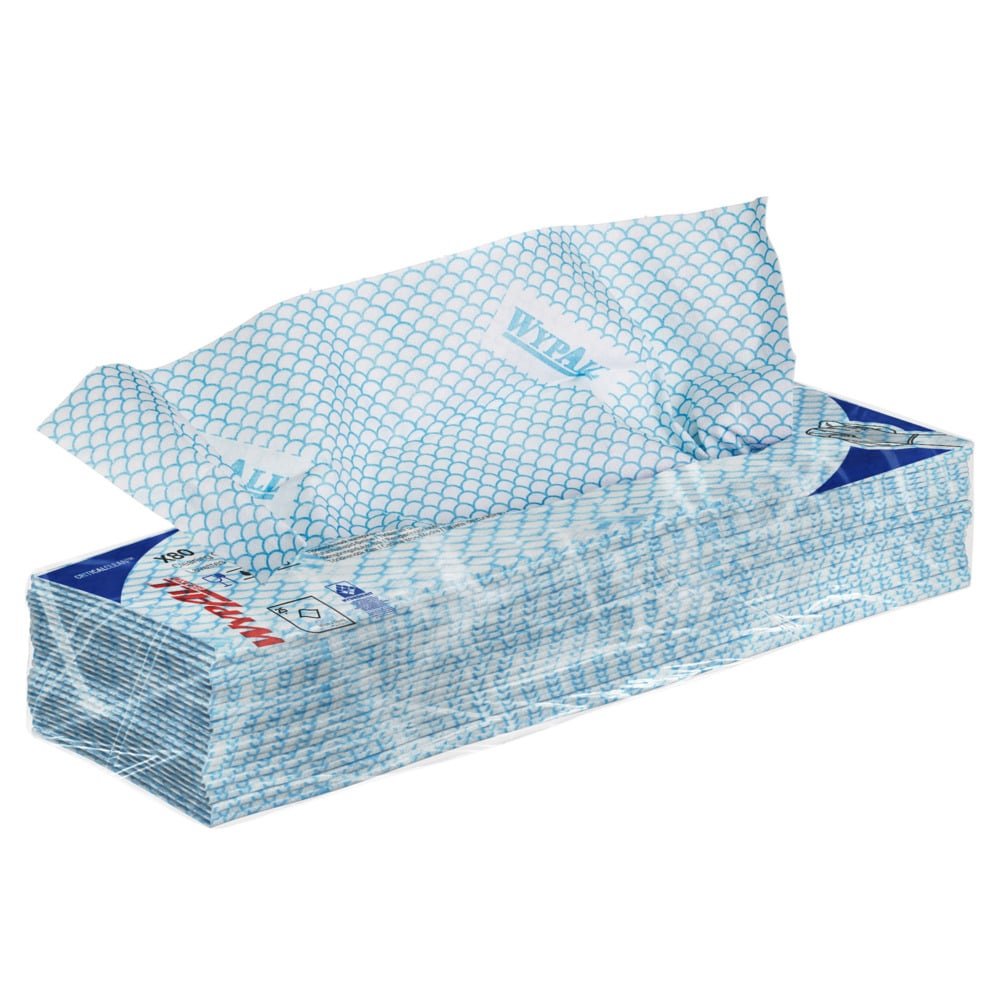 Obdélníková krabice s modrými a bílými WypAll® X80 Critical Clean - Interfold (41,00 cm x 33,00 cm) od Kimberly-Clark GmbH, ze které je vytahována utěrka. Krabice i utěrka mají šupinový vzor a nápis "WYPALL".