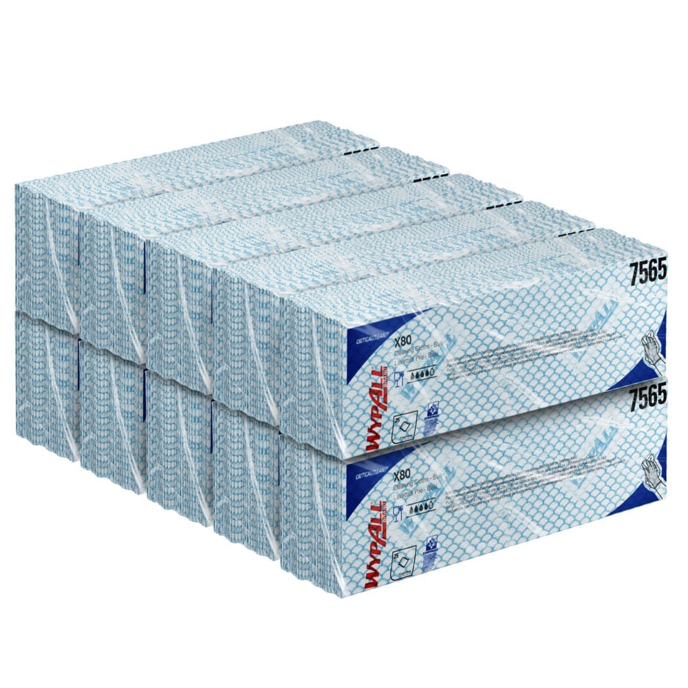 Stoh modrých a bílých krabic WypAll® X80 Critical Clean - Interfold (41,00 x 33,00 cm) od Kimberly-Clark GmbH, uspořádaný ve dvou řadách pro průmyslové čištění, s viditelným číslem produktu 7565 na boku.