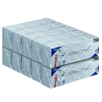 Stoh modrých a bílých krabic WypAll® X80 Critical Clean - Interfold (41,00 x 33,00 cm) od Kimberly-Clark GmbH, uspořádaný ve dvou řadách pro průmyslové čištění, s viditelným číslem produktu 7565 na boku.
